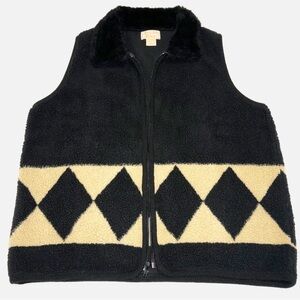 Vintage Tally-Ho Zip Front Fuzzy Vest Black Tan Funky Retro